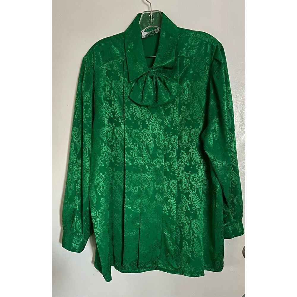 Vintage 60s Green Paisley Bow Collared Long Sleeve Blouse Top Holiday Classic L
